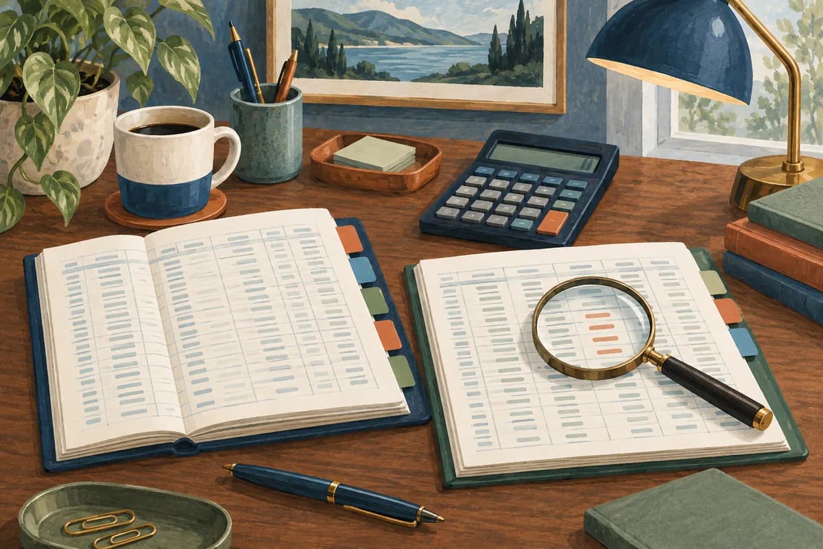 Two ledgers and a calculator illustrate tracing an accounting discrepancy.