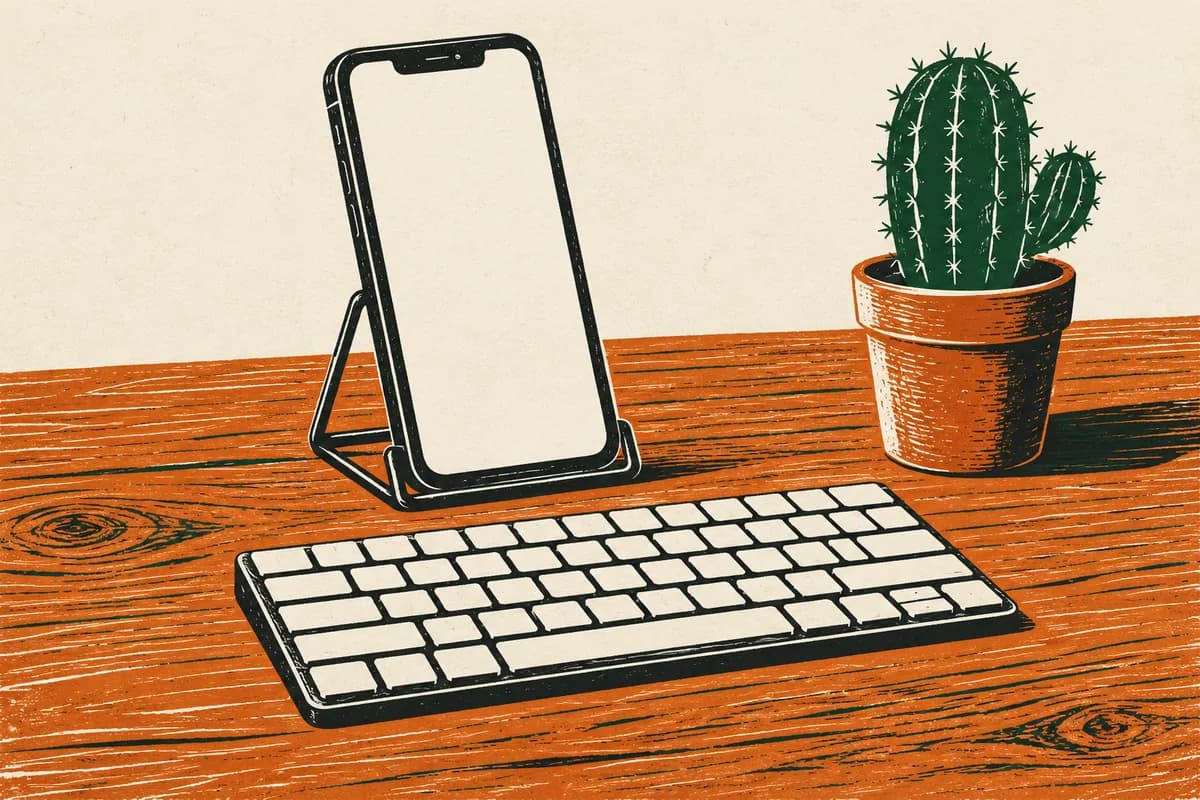A linocut print of a smartphone held upright in a simple wire stand on a wooden table, with a compact keyboard in front of it and a small potted cactus to one side.