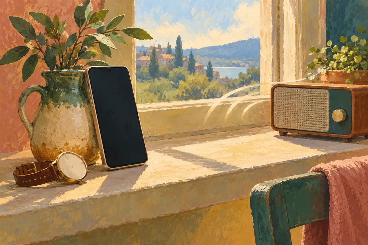 A gouache painting of a smartphone leaning against a ceramic jug on a windowsill, a wristwatch lying beside it and a small radio across the sill sending soft sound lines toward the phone.