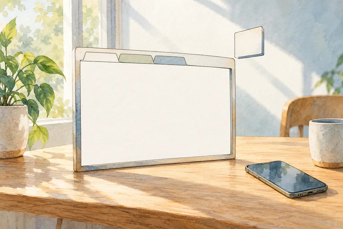 A watercolor and ink illustration of a browser-like frame with three stacked tabs on a desk, a small floating square above it and a phone beside it.