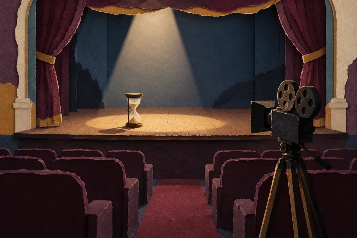 A cut-paper collage of a small theater stage with a circle of spotlight on its boards, a sand timer at the stage edge and a film camera on a tripod in the aisle.