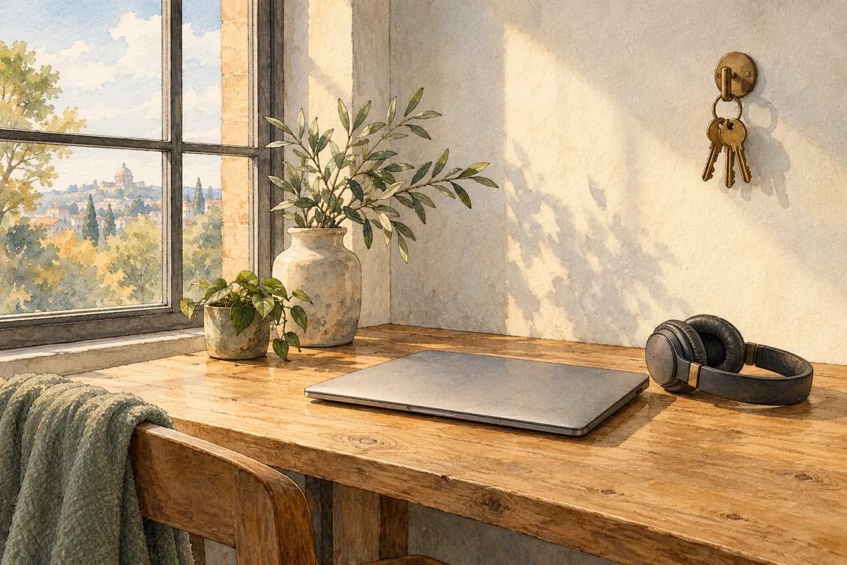 A watercolor and ink illustration of a ring of small brass keys hanging from a wall hook above a closed laptop and a pair of folded headphones on a desk by a window.