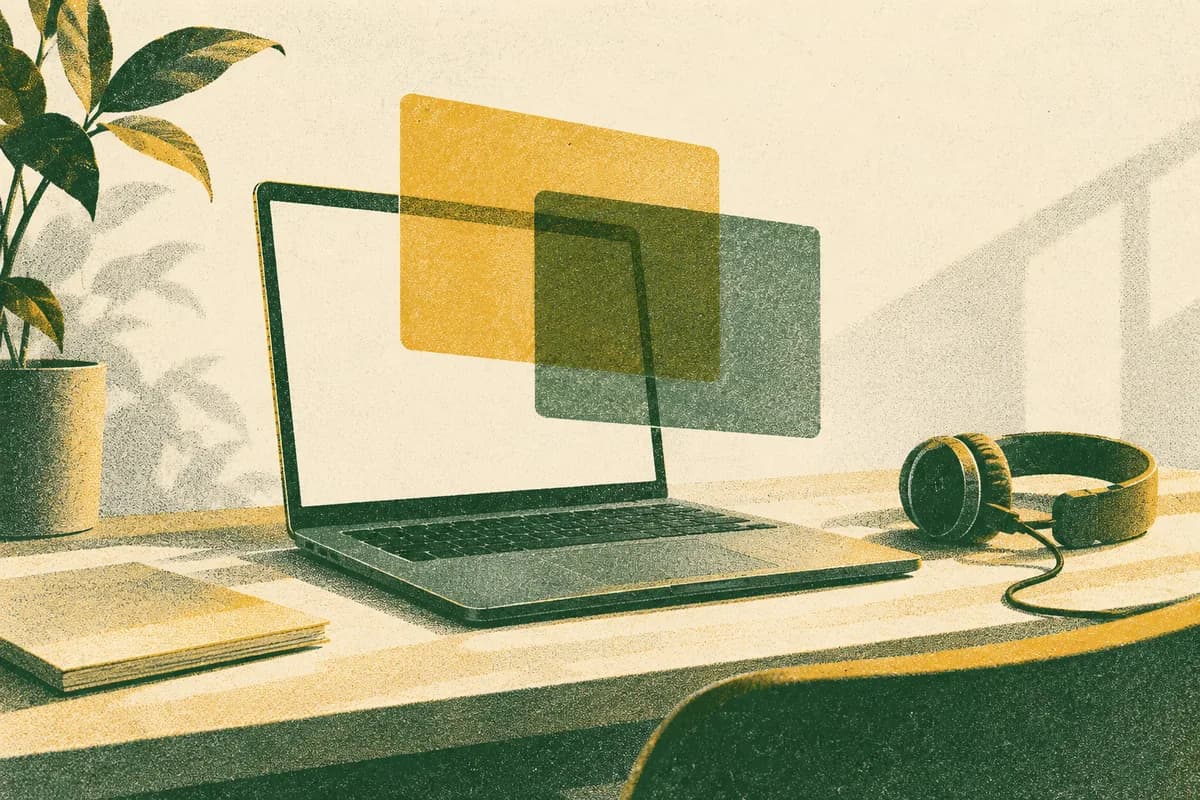 A risograph print of two overlapping translucent panels in front of a laptop, with a headset resting on the desk beside it.