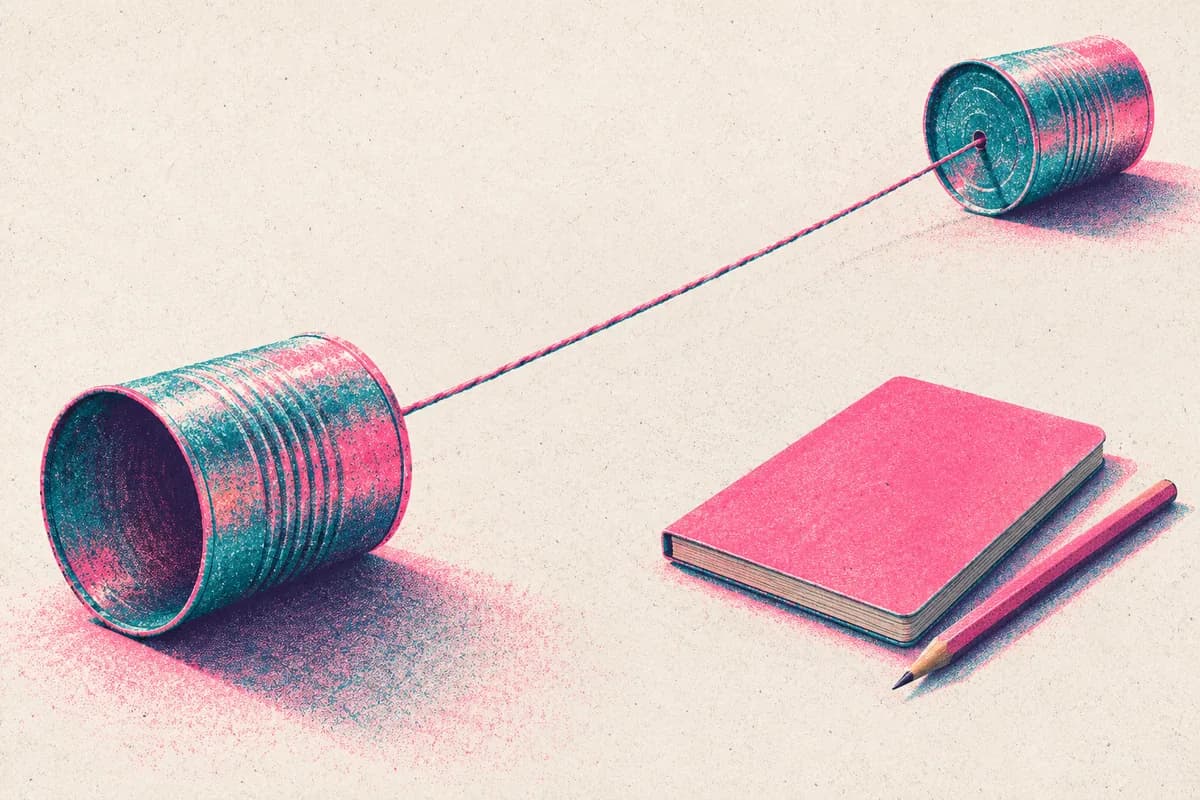 A risograph print of two tin-can telephones joined by a taut string across a table, with a small notepad and pencil resting beside one can.