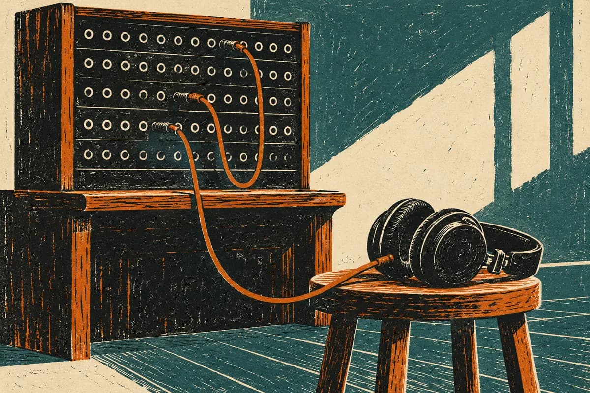 A linocut print of an old telephone switchboard panel with a few patch cables plugged in, one cable running down to a pair of over-ear headphones resting on a wooden stool.