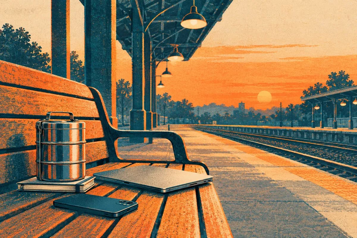 A risograph print of a stack of steel tiffin boxes on a railway platform bench beside a closed laptop and a phone, under a row of hanging platform lamps.