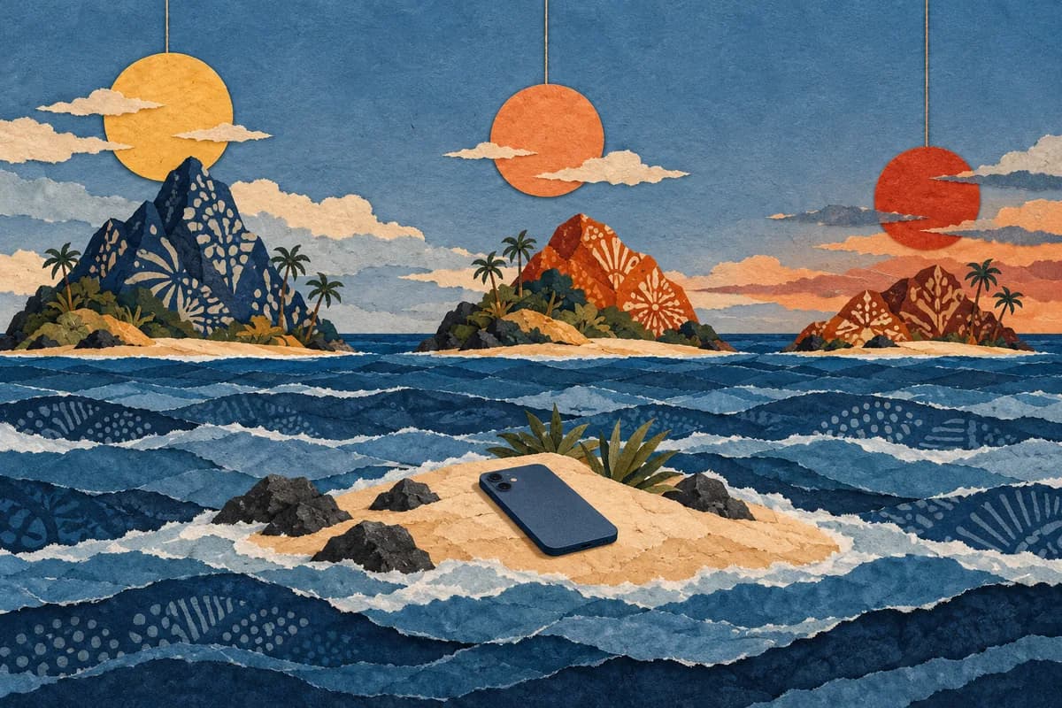 A paper collage of three batik-patterned islands on a torn-paper sea, each with a small sun at a different height, and a phone resting on a sandbank between them.