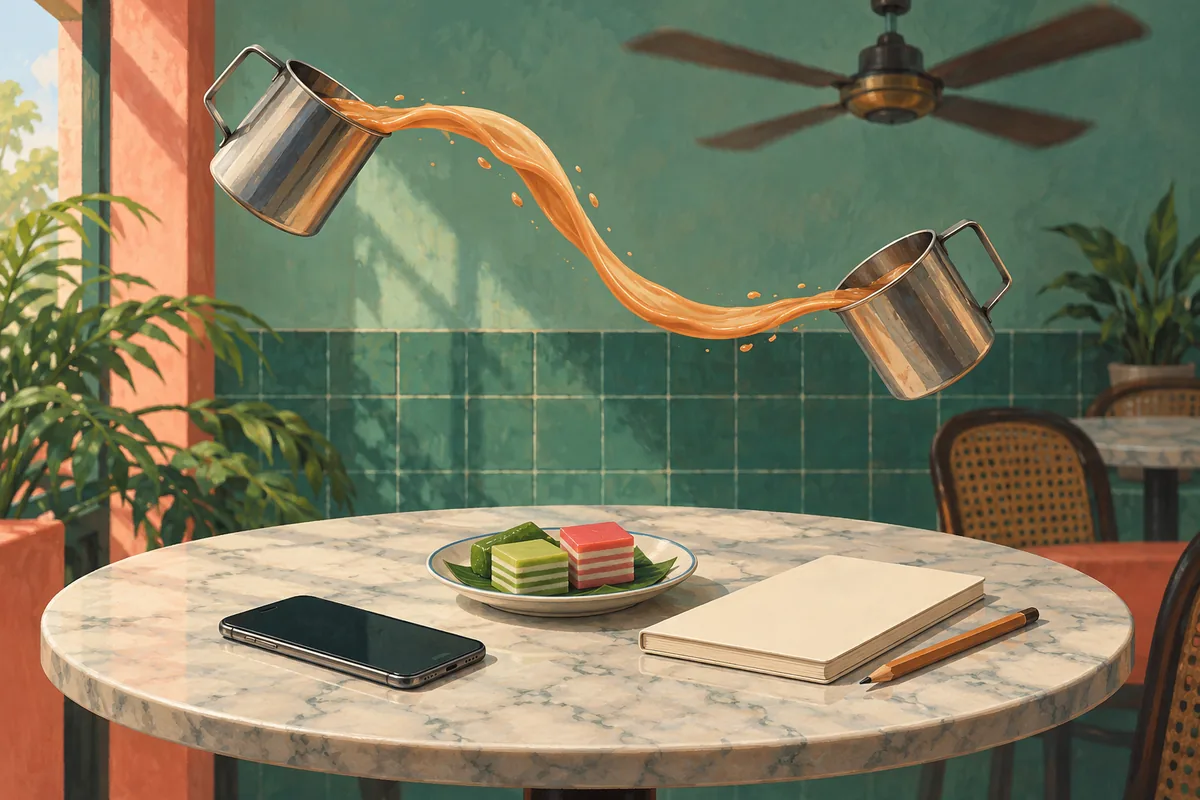 A gouache painting of tea being poured in a long arc between two metal cups above a marble kopitiam table, with a phone and a notebook resting beside a plate of kuih.