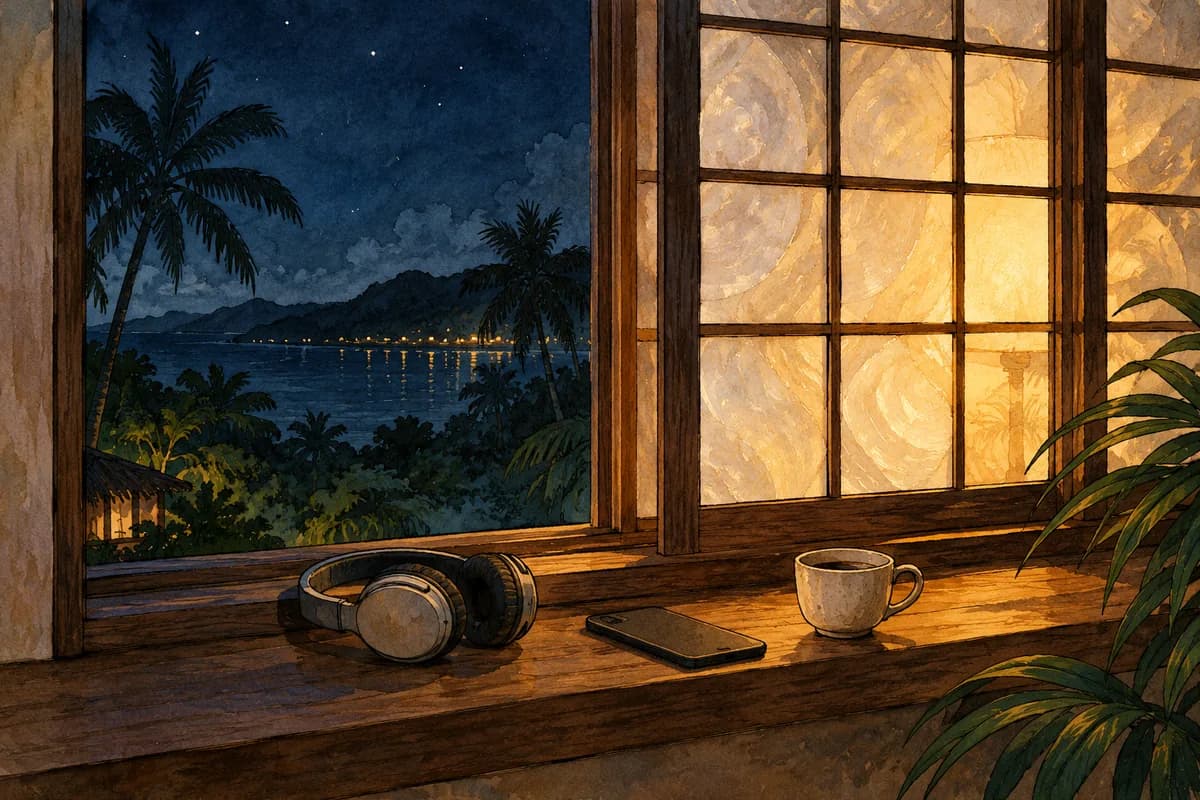 A watercolor and ink drawing of a capiz-shell window glowing at night, with a headset resting on the sill beside a phone and a small cup of coffee.