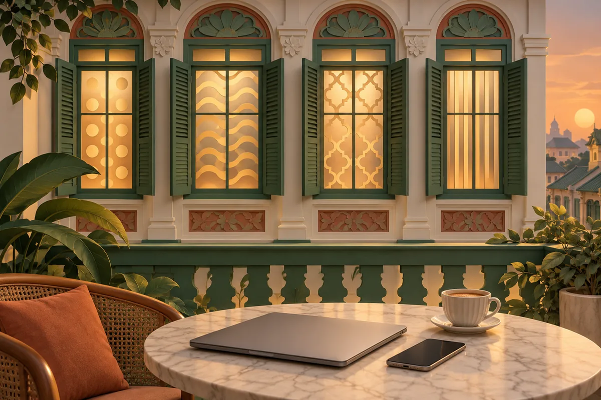 A dimensional paper-and-glass row of four shophouse windows at dusk, each glowing with a different pattern of light, above a small table holding a laptop and a phone.
