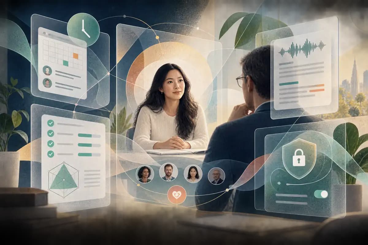 A candidate navigates a transparent interview technology system with human judgment at the center.