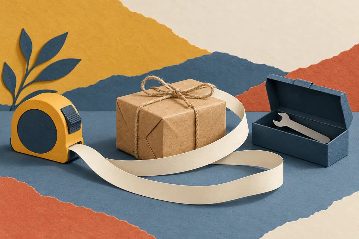 A cut-paper collage of a tape measure unspooled around a small wrapped paper parcel, with an open toolbox holding a single tool beside it.