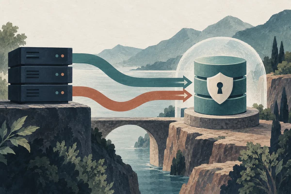Request paths meet a database beside a server stack.
