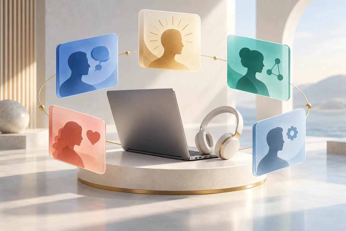 Five distinct interview-assistant cards arranged around a laptop and headset.