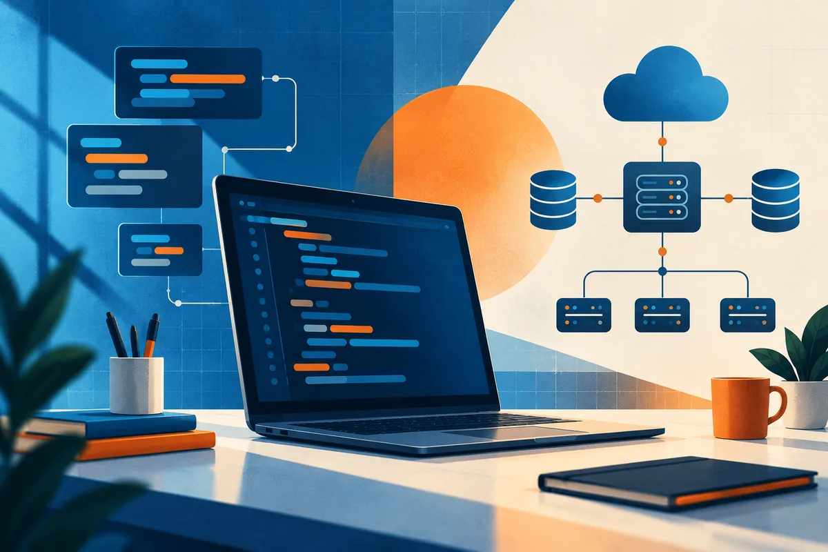 An abstract technical interview workspace with a code panel and system diagram.
