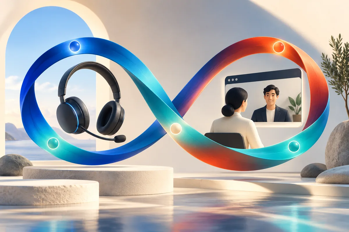 A continuous ribbon loops around a headset and interview window.