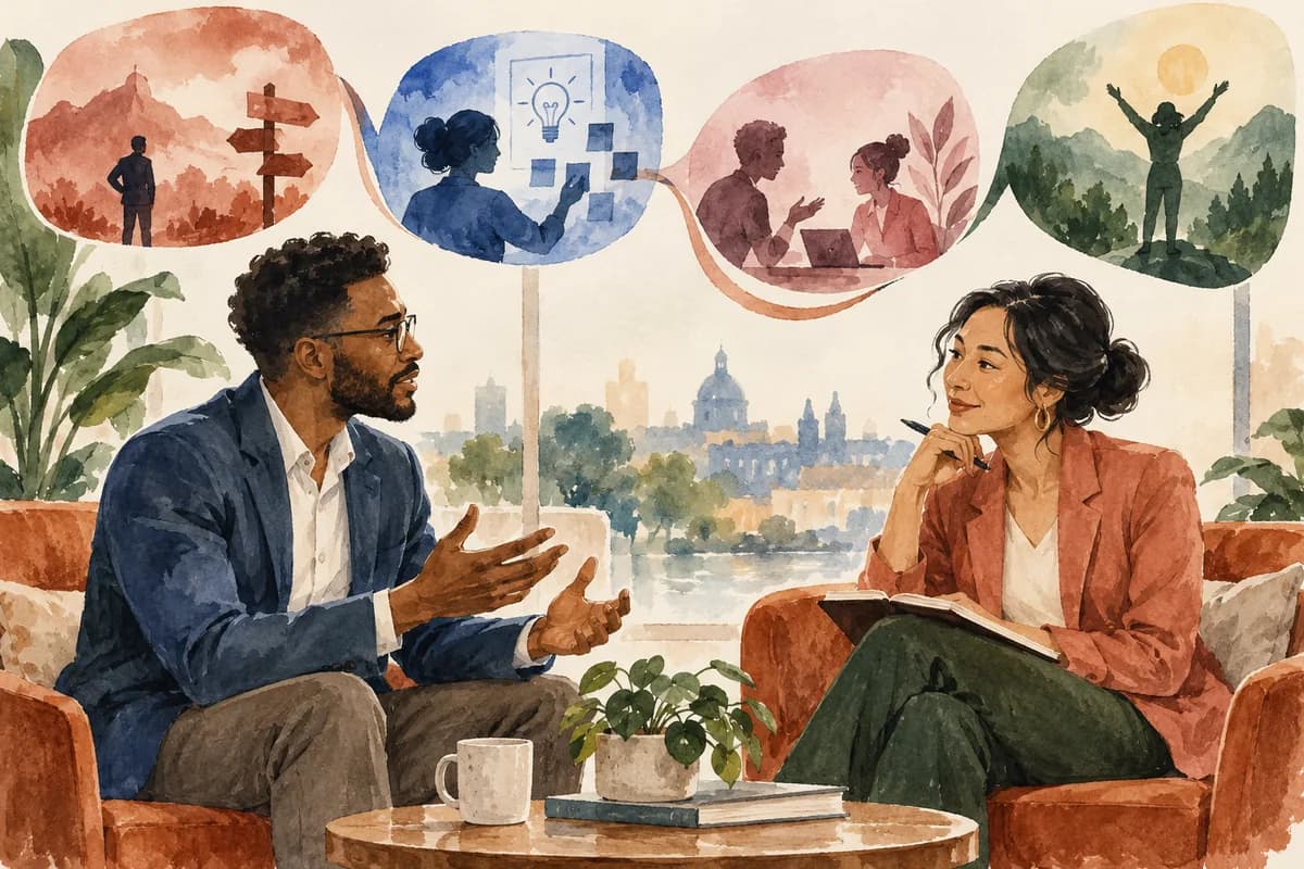 Two people in conversation surrounded by a sequence of story cards.