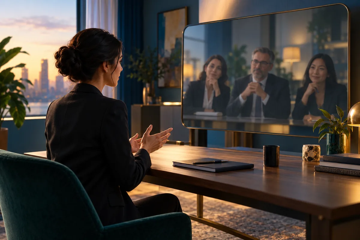A candidate rehearses across from a softly reflected interview panel.