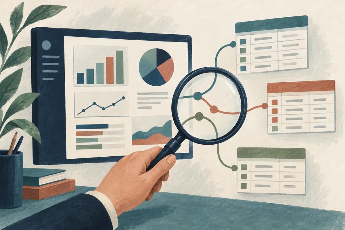 A magnifying glass examines tables supporting a dashboard.