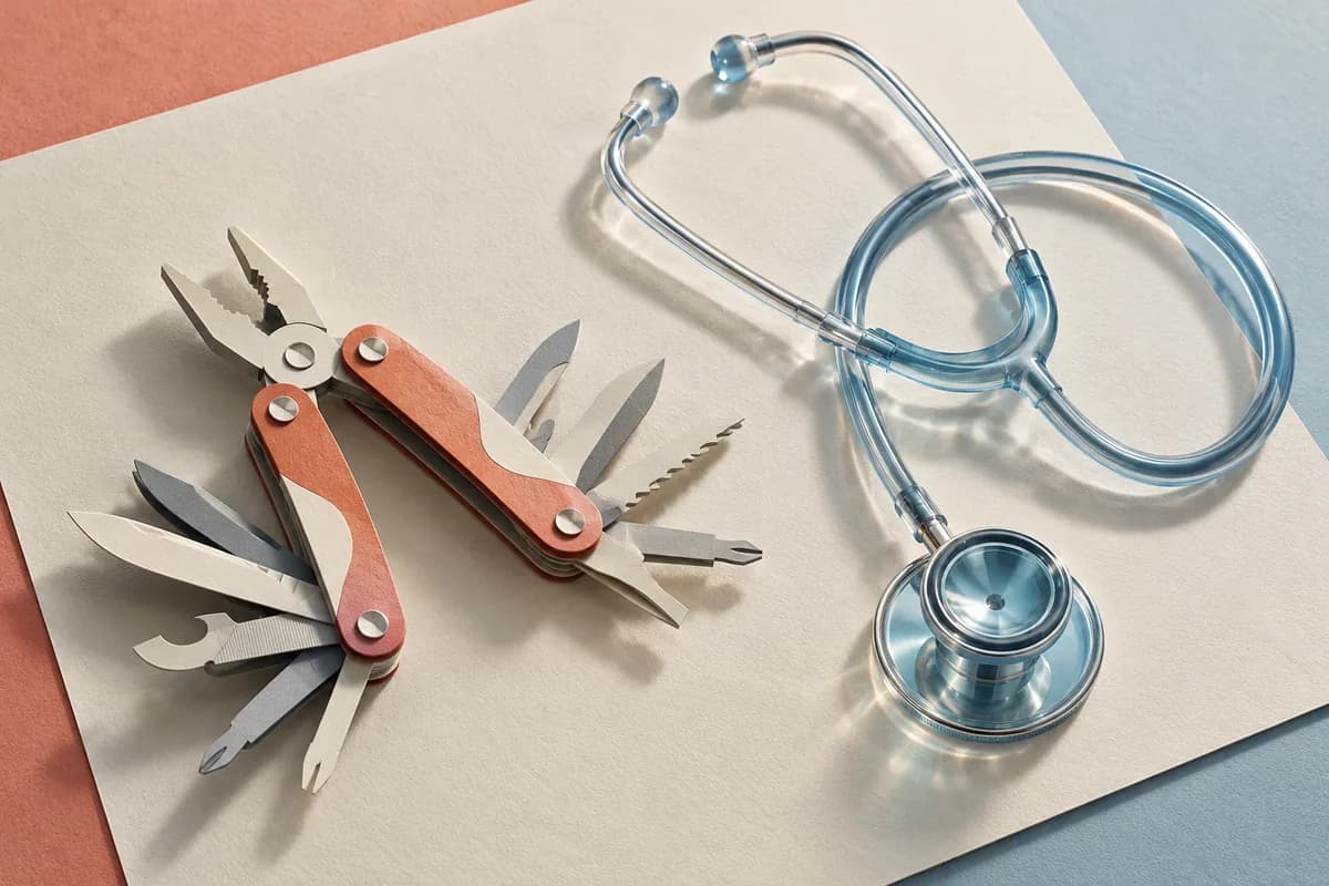 A dimensional paper-and-glass scene of an open folding multitool lying beside a clear glass stethoscope on a sheet of thick paper.