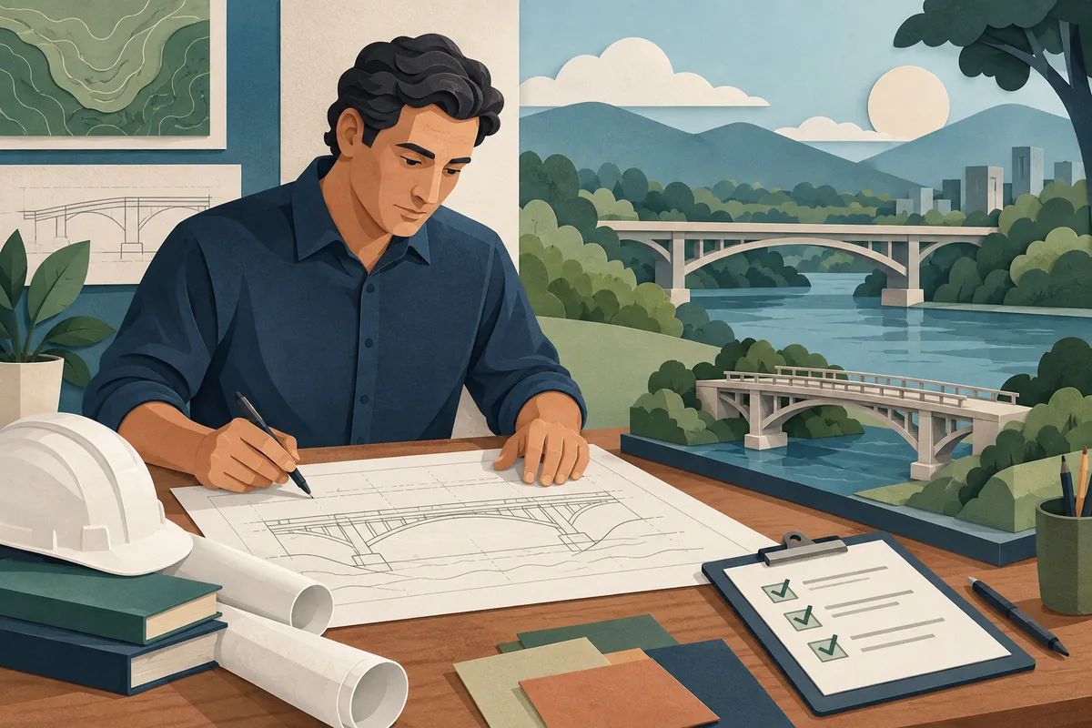 A bridge model and marked plan illustrate engineering design review.