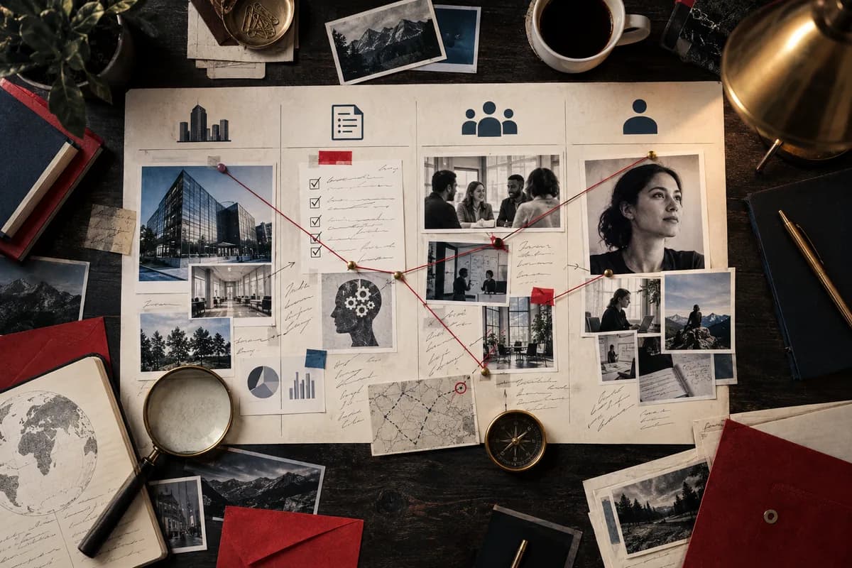 A research desk compares official company sources, role requirements, team context, and candidate evidence.