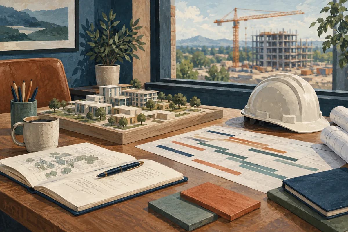 A site model and schedule illustrate construction coordination.