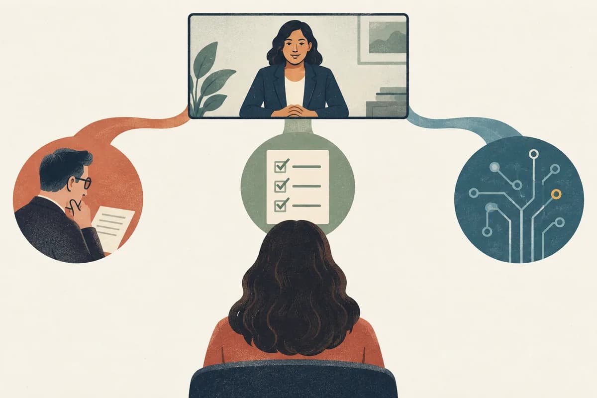 A recorded interview screen connects to labeled review steps without implying a hidden score.