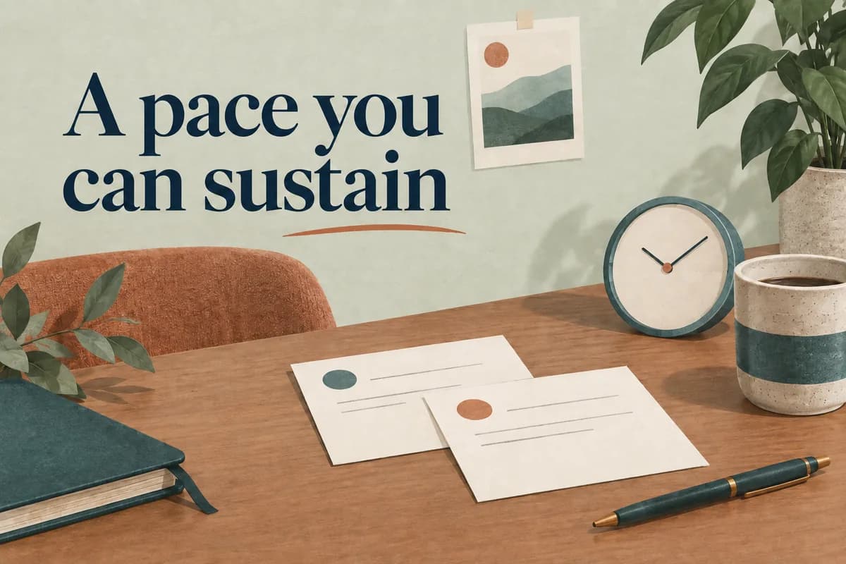 Cover reading 'A pace you can sustain' beside a clock and application cards.