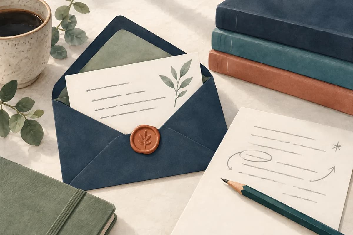 An open reply envelope and marked-up note suggest constructive interview feedback.