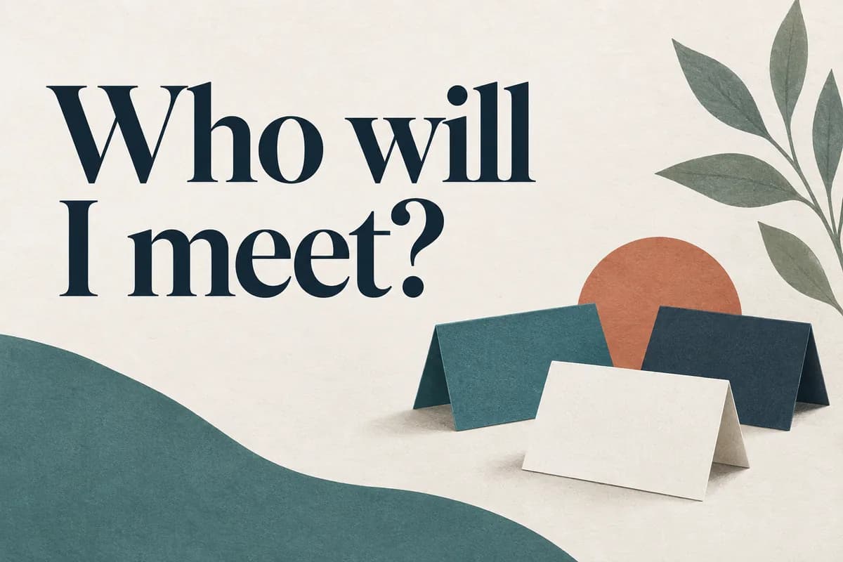 Cover reading 'Who will I meet?' beside three abstract name cards.