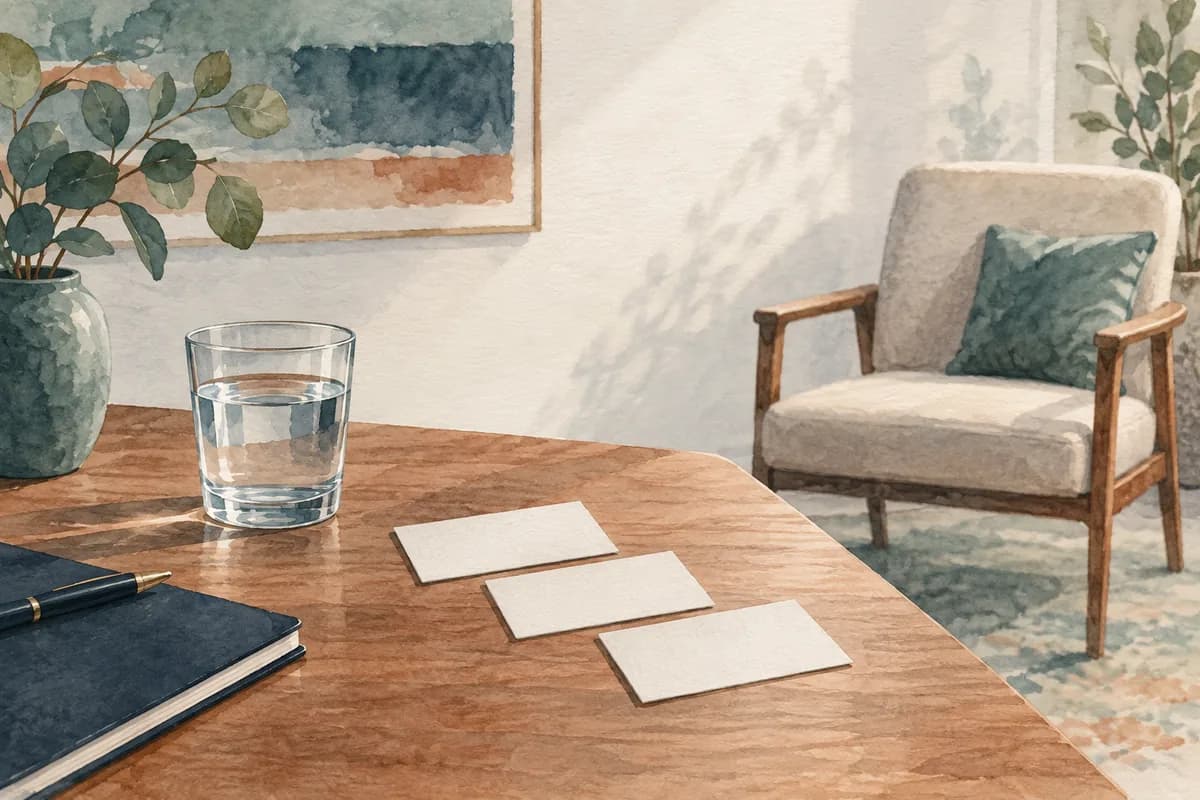 Water and brief notes beside a chair suggest manageable interview preparation.