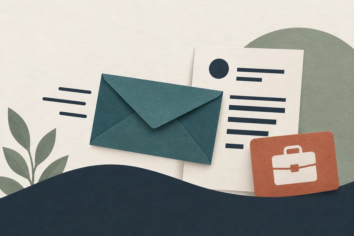 An envelope, document, and job card represent a focused recruiter email.