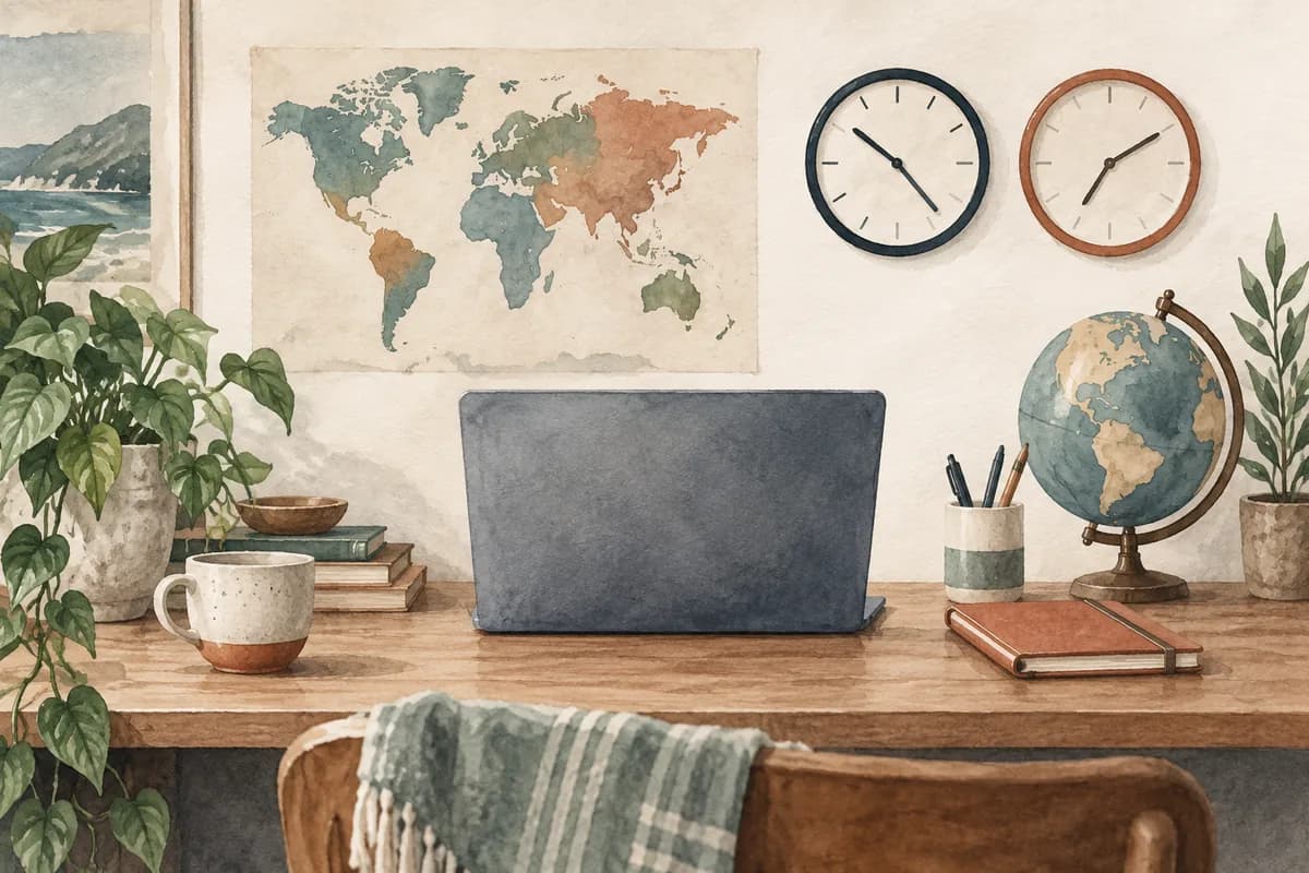 A home workspace with a map and clocks suggests remote-work location and schedule checks.