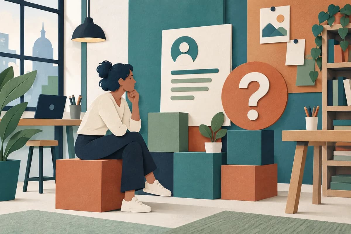 A small startup workspace and question mark illustrate evaluating an emerging team.