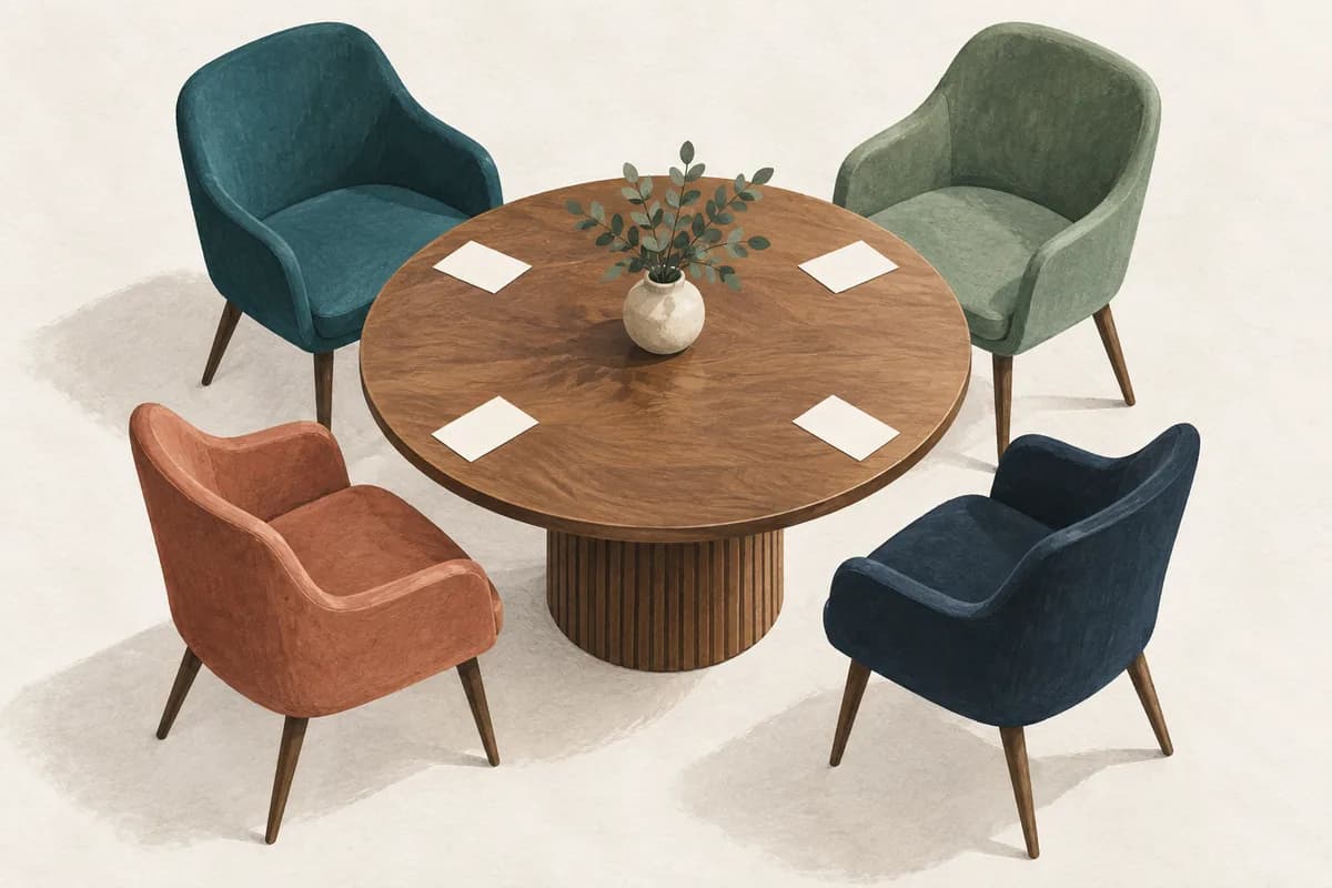 Four chairs surround a shared table with individual note cards.