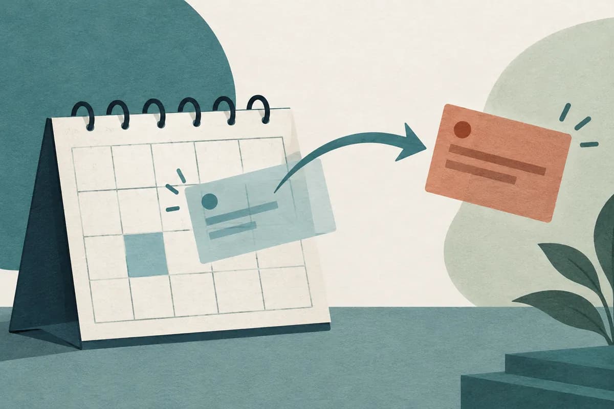 Two appointment cards and a calendar illustrate changing an interview time.