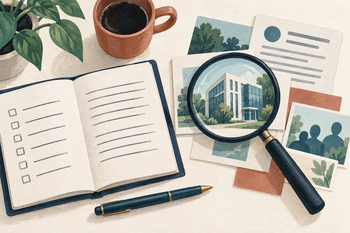 A notebook and magnifying lens over research cards illustrate researching a company.