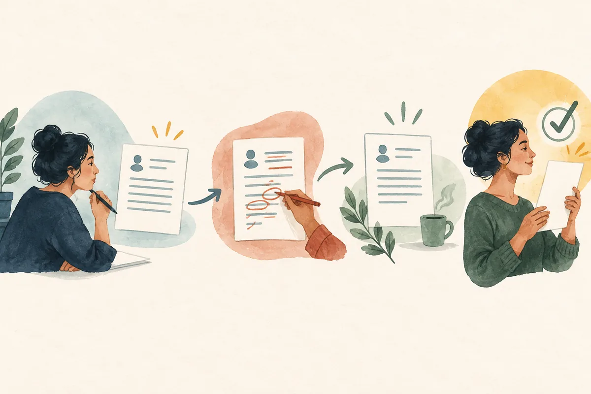 A candidate refines an interview answer through prompts, evidence cards, and a final personal review.