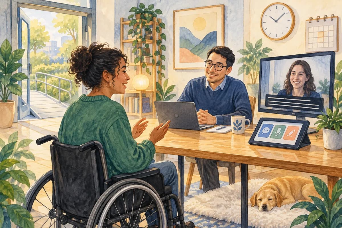 An accessible interview setup offers multiple equivalent ways to participate without exposing private medical detail.