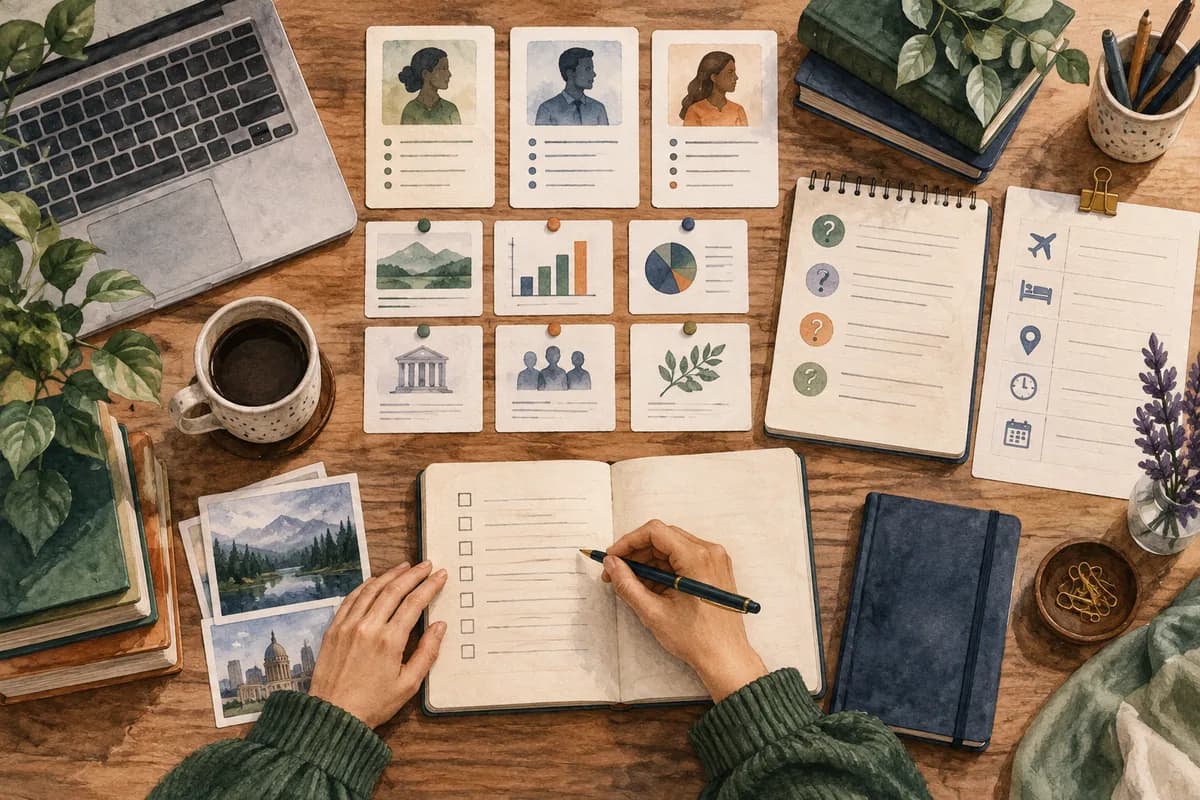 A calm preparation workspace organizes role research, evidence cards, rehearsal, questions, and logistics.