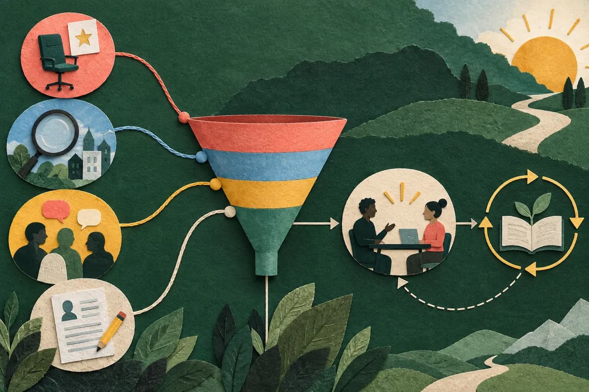 A focused job search funnel connects target roles, research, relationships, applications, and interviews.