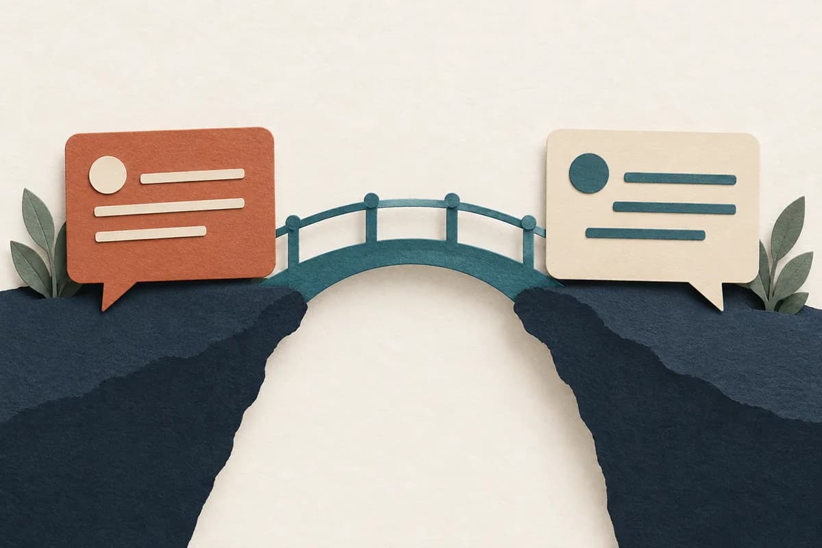 Two message cards joined by a small bridge illustrate a thoughtful follow-up.