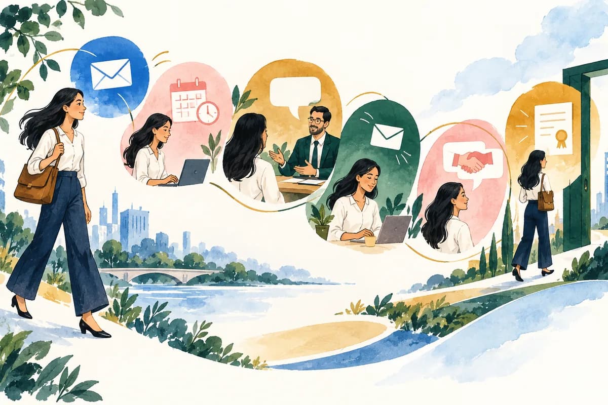 A clean sequence of messages guides a candidate from outreach through interview follow-up and offer decisions.