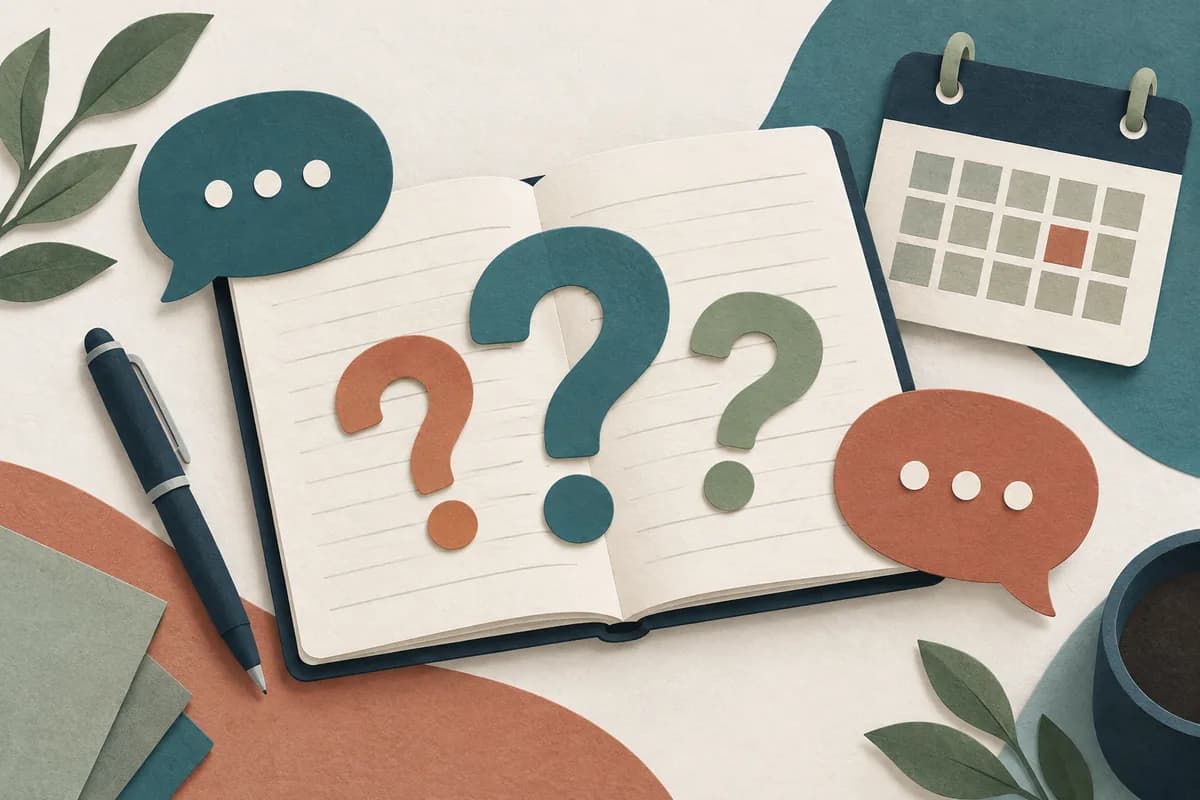 A notebook of questions beside conversation shapes and a calendar.