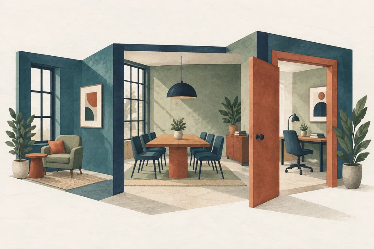 An open workplace model with shared spaces illustrates examining company culture.