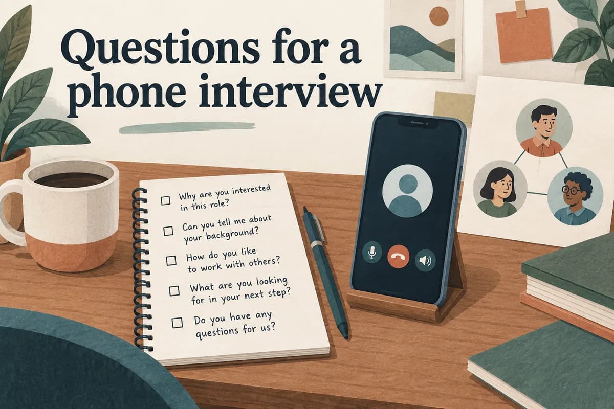 A phone sits beside a concise list of interview questions.