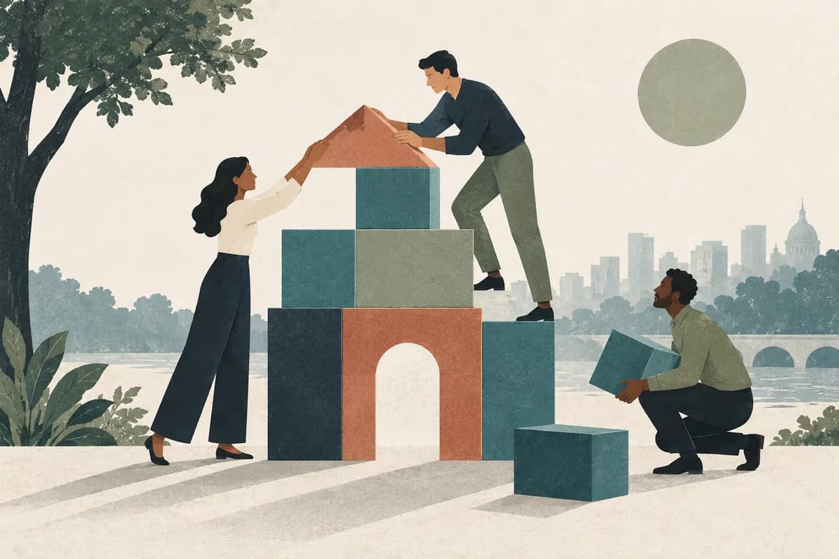 A small modular building with a spare piece illustrates examining a startup's plans.