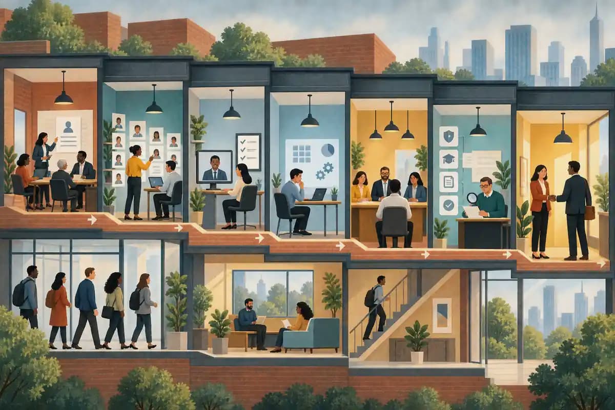 A transparent hiring pipeline connects role approval, sourcing, assessment, selection, checks, and offer.