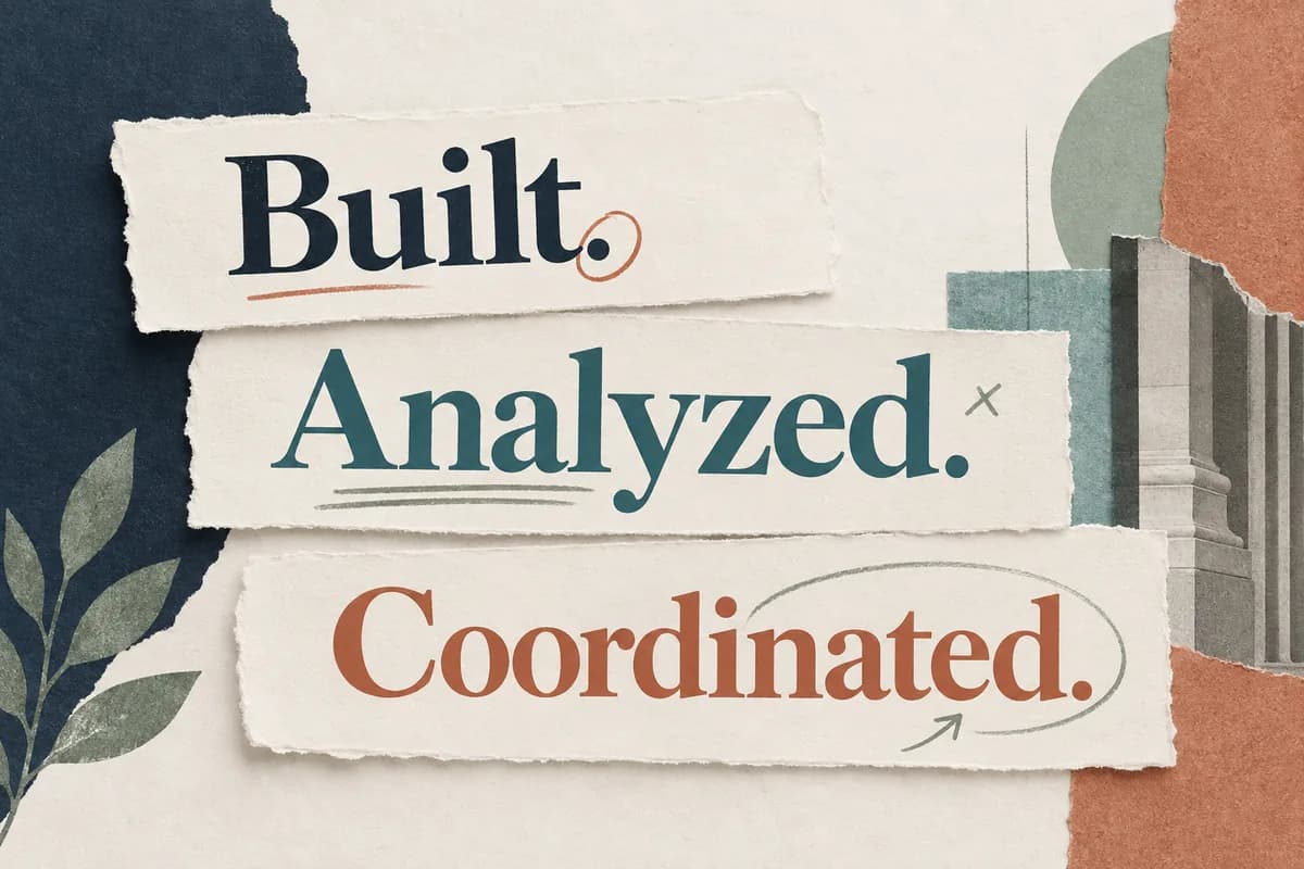 Paper strips display the resume verbs Built, Analyzed and Coordinated.